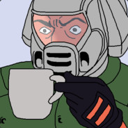 doomguy holding a cup of coffee